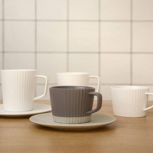  Panduo XYJ Coffee Cup Set Frosted Ceramic Stripe Cup and Saucer Tableware Home Office Tea Cup Milk Coffee Cup Suitable for Microwave Dishwasher Sterilizer 200ml (Gray)