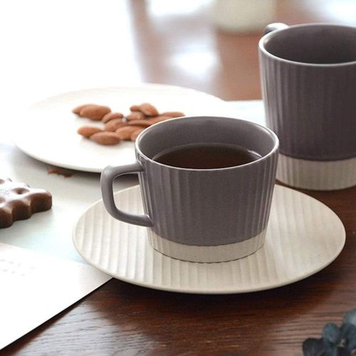  Panduo XYJ Coffee Cup Set Frosted Ceramic Stripe Cup and Saucer Tableware Home Office Tea Cup Milk Coffee Cup Suitable for Microwave Dishwasher Sterilizer 200ml (Gray)