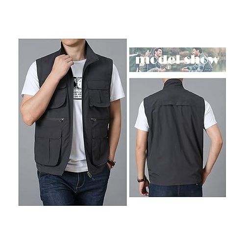  Panegy Men's Summer Cargo Utility Vest Multi Pockets Sleeveless Jacket for Fishing Travel Photo XS-4XL