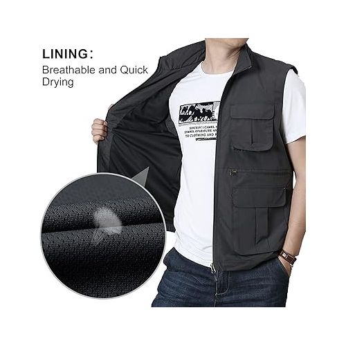  Panegy Men's Summer Cargo Utility Vest Multi Pockets Sleeveless Jacket for Fishing Travel Photo XS-4XL
