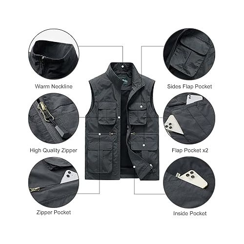  Panegy Men's Summer Cargo Utility Vest Multi Pockets Sleeveless Jacket for Fishing Travel Photo XS-4XL