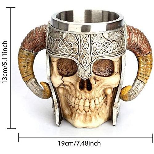  [아마존베스트]Panker Medieval Skull Mug ,Viking Drinking Mug with Ram Horn Handle, Stainless Steel Skeleton Beer Mug for Beer Wine Coffee Rum Whiskey Water Drinking - 540 Ml (18 Oz)