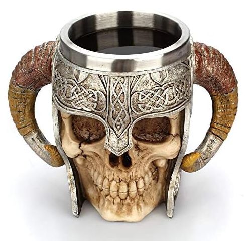  [아마존베스트]Panker Medieval Skull Mug ,Viking Drinking Mug with Ram Horn Handle, Stainless Steel Skeleton Beer Mug for Beer Wine Coffee Rum Whiskey Water Drinking - 540 Ml (18 Oz)