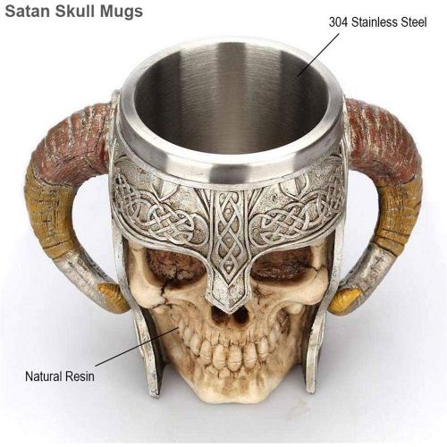  [아마존베스트]Panker Medieval Skull Mug ,Viking Drinking Mug with Ram Horn Handle, Stainless Steel Skeleton Beer Mug for Beer Wine Coffee Rum Whiskey Water Drinking - 540 Ml (18 Oz)