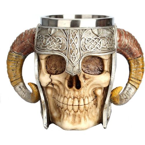  [아마존베스트]Panker Medieval Skull Mug ,Viking Drinking Mug with Ram Horn Handle, Stainless Steel Skeleton Beer Mug for Beer Wine Coffee Rum Whiskey Water Drinking - 540 Ml (18 Oz)