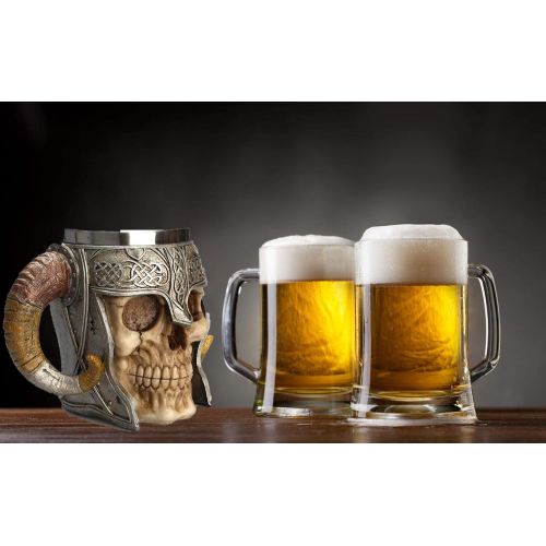  [아마존베스트]Panker Medieval Skull Mug ,Viking Drinking Mug with Ram Horn Handle, Stainless Steel Skeleton Beer Mug for Beer Wine Coffee Rum Whiskey Water Drinking - 540 Ml (18 Oz)