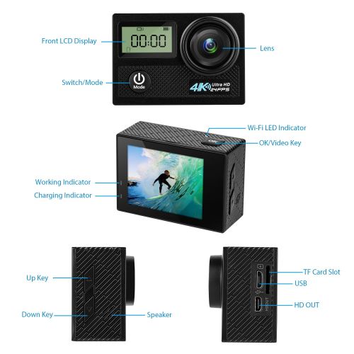  Panlelo V5 Actioncam 4K UHD 20MP WiFi 170° Weitwinkel Aktionkameras Wasserdicht 30M Unterwasserkamera CMOS-Sensor Sport Action Kamera mit Gratis Zubehoer