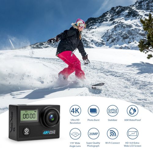  Panlelo V5 Actioncam 4K UHD 20MP WiFi 170° Weitwinkel Aktionkameras Wasserdicht 30M Unterwasserkamera CMOS-Sensor Sport Action Kamera mit Gratis Zubehoer