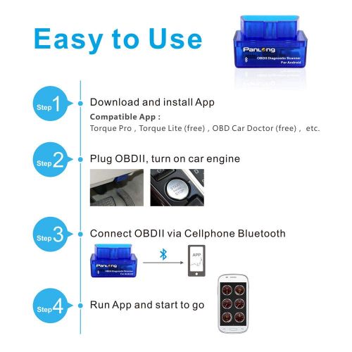  Panlong Bluetooth OBD2 OBDII Car Diagnostic Scanner Check Engine Light for Android - Compatible with Torque Pro