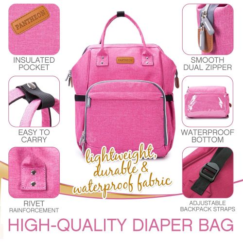  [아마존베스트]Diaper Bag - Baby Backpack Diaper Bag with Changing Pad and Cooler Pocket - by Pantheon - Baby Diaper Bag for Mom and Dad (Pink)