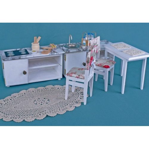  PapaKarlo UA Kitchen set table chair 2 cabinet sink Hob Dolls house wooden 1:6 play-scale Blythe Furniture dolls 12 miniature accessories Mini furniture