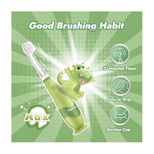  Papablic Toddler Sonic Electric Toothbrush for Ages 1-3 Years, Baby Electric Toothbrush with Cute Dino Cover and Smart LED Timer, 2 Brush Heads (Max)