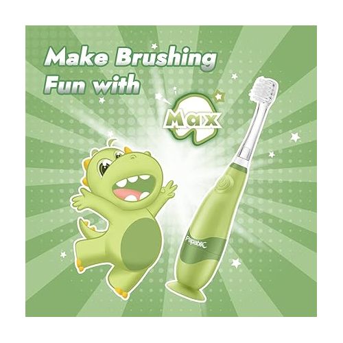  Papablic Toddler Sonic Electric Toothbrush for Ages 1-3 Years, Baby Electric Toothbrush with Cute Dino Cover and Smart LED Timer, 2 Brush Heads (Max)