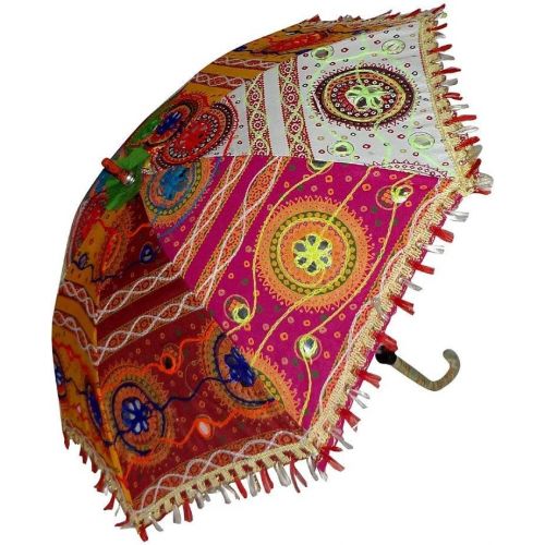  Worldoftextile 7 Pcs Lot Indian Cotton Fabric Mirror Work Vintage Parasols Wedding Umbrella Outdoor Decorations Handmade Embroidery Ethnic Umbrella Parasol