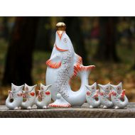 /ParentsVintage Antique fish set Soviet vintage white porcelain decanter hand painted porcelain gift alcohol retro decanter barware set home decor carafe