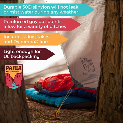  Paria Outdoor Products Sanctuary SilTarp - Ultralight and Waterproof Ripstop Silnylon Rain Shelter Tarp, Guy Line and Stake Kit - Perfect for Hammocks, Camping and Backpacking
