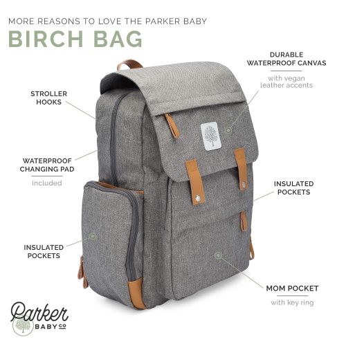  Parker Baby Co. Parker Baby Diaper Backpack - Large Diaper Bag with Insulated Pockets, Stroller Straps and Changing Pad -Birch Bag - Gray