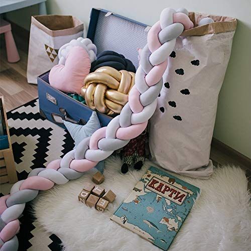  Parkside Wind Soft Knot Pillow Decorative Baby Bedding Sheets Braided Crib Bumper Knot Pillow Cushion (White+Gray+Pink, 78.7 inch)