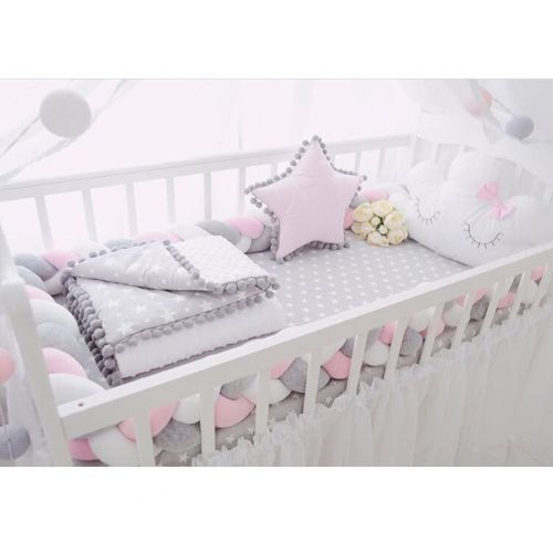  Parkside Wind Soft Knot Pillow Decorative Baby Bedding Sheets Braided Crib Bumper Knot Pillow Cushion (White+Gray+Pink, 78.7 inch)
