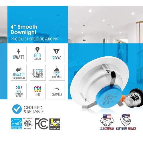  Parmida LED Technologies Parmida (12 Pack) 4 inch Dimmable LED Retrofit Recessed Downlight, 9W (65W Replacement), Smooth Design, 600lm, 2700K (Warm White), Energy Star & ETL, LED Ceiling Can Light, LED Tri