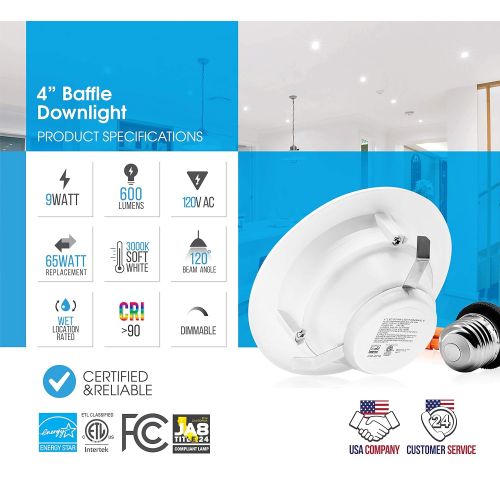  Parmida LED Technologies Parmida (12 Pack) 4 inch Dimmable LED Downlight, 9W (65W Replacement), Baffle Design, 3000K (Soft White), 600lm, Energy Star & ETL-Listed, Retrofit LED Recessed Lighting Fixture, L