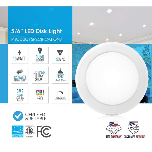  Parmida LED Technologies Parmida (12 Pack) 5/6” Dimmable LED Disk Light Flush Mount Recessed Retrofit Ceiling Lights, 15W (120W Replacement), 5000K (Day Light), Energy Star, Installs into Junction Box Or R