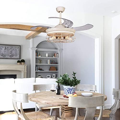  [아마존베스트]Parrot Uncle Ceiling Fans with Lights 46 Inch Ceiling Fan with Remote Vintage Cage Chandelier Fans with Retractable Blades, 5 Edison Bulbs Not Included, Dark White