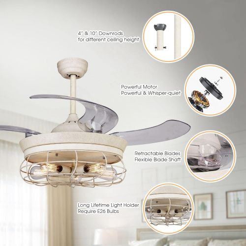  [아마존베스트]Parrot Uncle Ceiling Fans with Lights 46 Inch Ceiling Fan with Remote Vintage Cage Chandelier Fans with Retractable Blades, 5 Edison Bulbs Not Included, Dark White