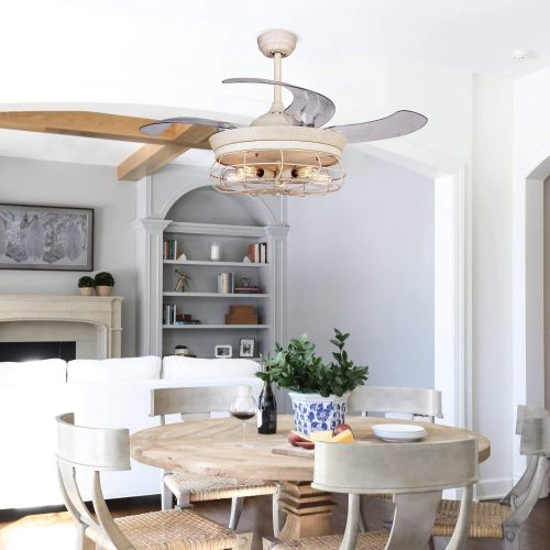  [아마존베스트]Parrot Uncle Ceiling Fans with Lights 46 Inch Ceiling Fan with Remote Vintage Cage Chandelier Fans with Retractable Blades, 5 Edison Bulbs Not Included, Dark White