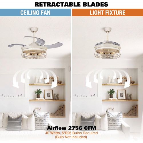  [아마존베스트]Parrot Uncle Ceiling Fans with Lights 46 Inch Ceiling Fan with Remote Vintage Cage Chandelier Fans with Retractable Blades, 5 Edison Bulbs Not Included, Dark White