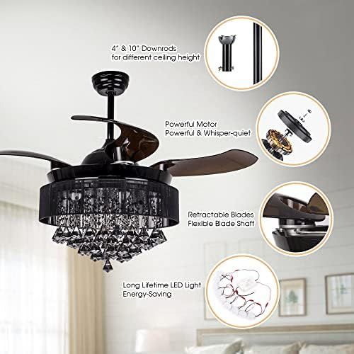  [아마존베스트]Parrot Uncle Ceiling Fans with LED Lights 46 Inch Ceiling Fan with Remote Crystal Chandelier Fans with Retractable Blades, Replaceable 4000K Cool White Lights, Not Dimmable, Black