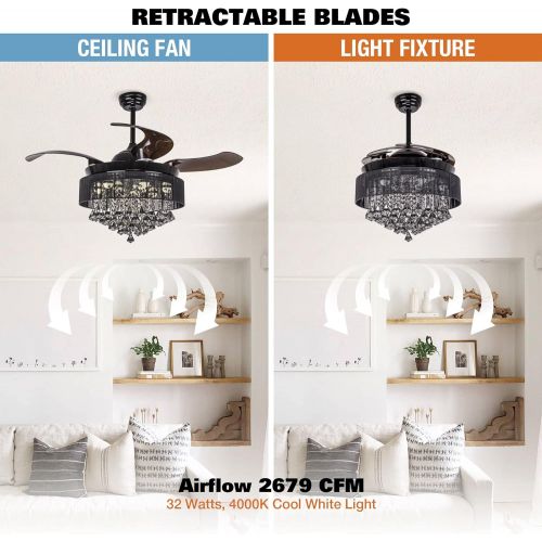  [아마존베스트]Parrot Uncle Ceiling Fans with LED Lights 46 Inch Ceiling Fan with Remote Crystal Chandelier Fans with Retractable Blades, Replaceable 4000K Cool White Lights, Not Dimmable, Black