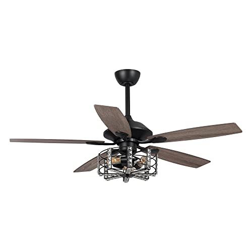  Parrot Uncle Ceiling Fans with Lights Rustic Modern Ceiling Fan and Remote Control Indoor Crystal Ceiling Fan, Black, 52 Inch