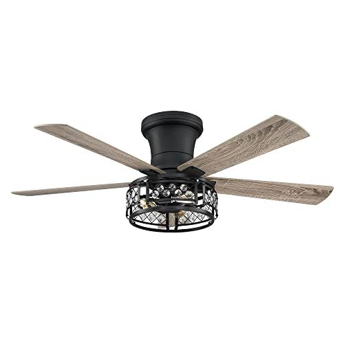  Parrot Uncle Flush Mount Ceiling Fan with Lights and Remote Farmhouse Ceiling Fan for Low Profile, 52 Inch, Black