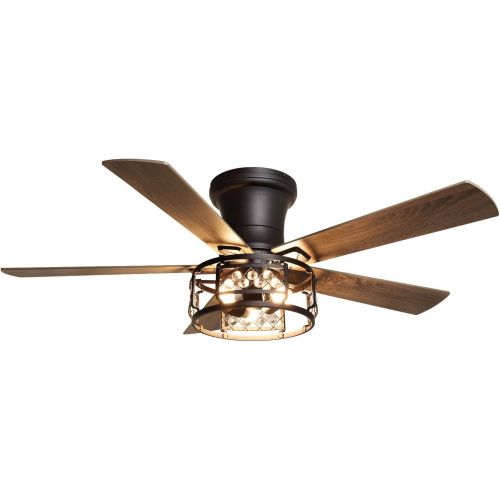  Parrot Uncle Flush Mount Ceiling Fan with Lights and Remote Farmhouse Ceiling Fan for Low Profile, 52 Inch, Black