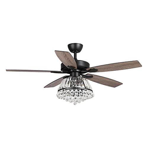  Parrot Uncle Ceiling Fan with Lights Remote Control Rustic Black Ceiling Fan with Crystal Lights, 52 Inch