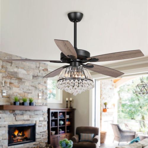  Parrot Uncle Ceiling Fan with Lights Remote Control Rustic Black Ceiling Fan with Crystal Lights, 52 Inch