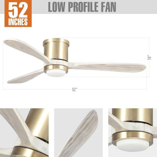  Parrot Uncle Low Profile Ceiling Fan with Remote Modern Bedroom Ceiling Fan with LED Light Flush Mount, 52 Inch, Pale Gold