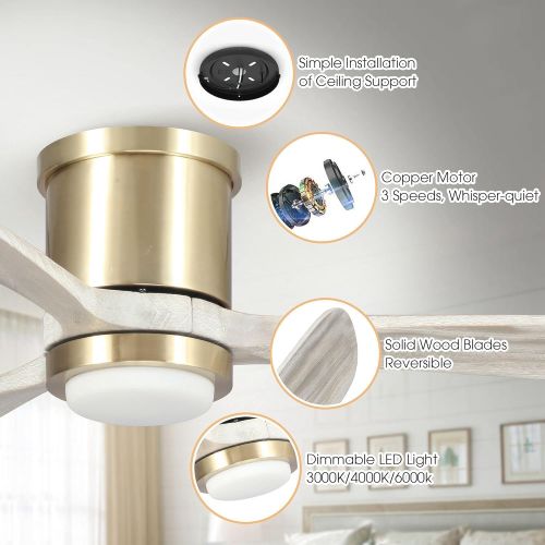  Parrot Uncle Low Profile Ceiling Fan with Remote Modern Bedroom Ceiling Fan with LED Light Flush Mount, 52 Inch, Pale Gold