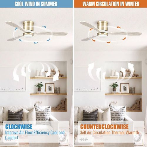  Parrot Uncle Low Profile Ceiling Fan with Remote Modern Bedroom Ceiling Fan with LED Light Flush Mount, 52 Inch, Pale Gold