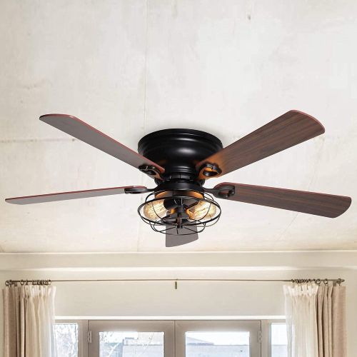  Parrot Uncle Low Profile Ceiling Fan Farmhouse Black Ceiling Fan with Light Remote Control, 48 Inch