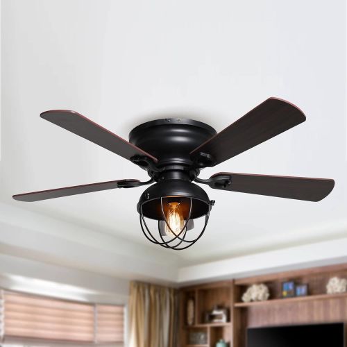  Parrot Uncle Low Profile Ceiling Fan Farmhouse Flush Mount Ceiling Fans with Lights and Remote Control, 42 Inch, Black