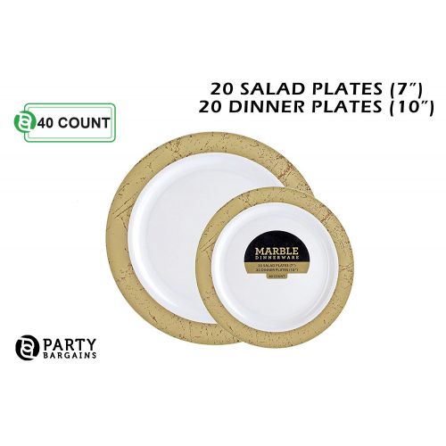  Party Bargains Disposable Plastic Plates Combo | Premium Quality White Dinnerware Set With Marble Gold Border | Excellent for Weddings, Birthdays Parties & More | 7 Inch & 10 Inch 20 Pieces Each