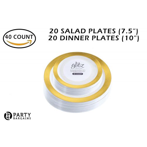  Party Bargains Disposable Gold Plastic Plates Combo | Premium Quality White Dinnerware Set With Gold Border | Excellent for Weddings, Engagement Parties & More | 7.25 Inch & 10 Inch 20 Pieces Eac