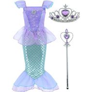 Little Girls Mermaid Princess Costume Dress for Girls Dress Up Party with Crown Mace