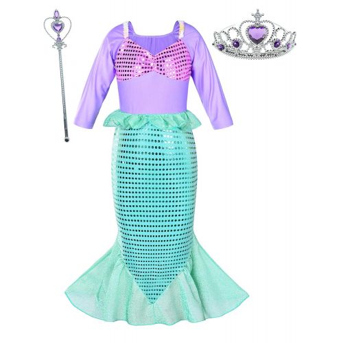  Party Chili Girls Little Mermaid Costume Princess Dress Up for Birthday with Accessories(Crown+Wand) 3-10 Years