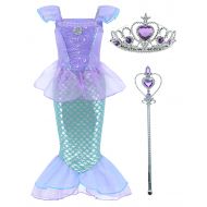 Party Chili Little Mermaid Princess Ariel Costume for Girls Dress Up Party with Crown Mace 4-12 years