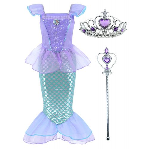  Party Chili Little Mermaid Princess Ariel Costume for Girls Dress Up Party with Crown Mace 4-12 years