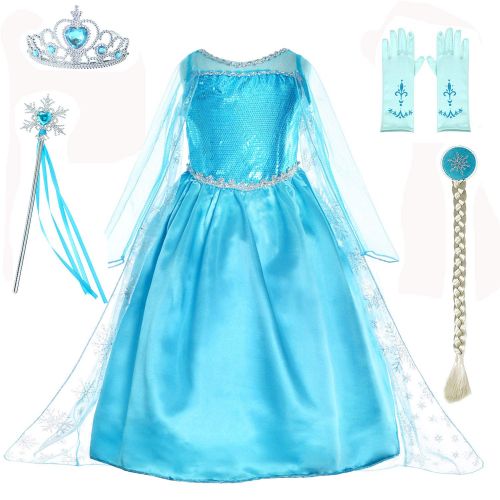  Party Chili Snow Queen Princess Elsa Costumes Birthday Party Dress Up for Little Girls with Wig,Crown,Mace,Gloves Accessories 3-10 Years