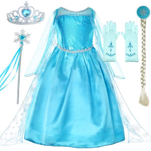  Party Chili Snow Queen Princess Elsa Costumes Birthday Party Dress Up for Little Girls with Wig,Crown,Mace,Gloves Accessories 3-10 Years